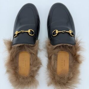 Gucci Princetown Fur-Lined Leather Mules 37 | Nero/Naturale | Box & Dust Bags